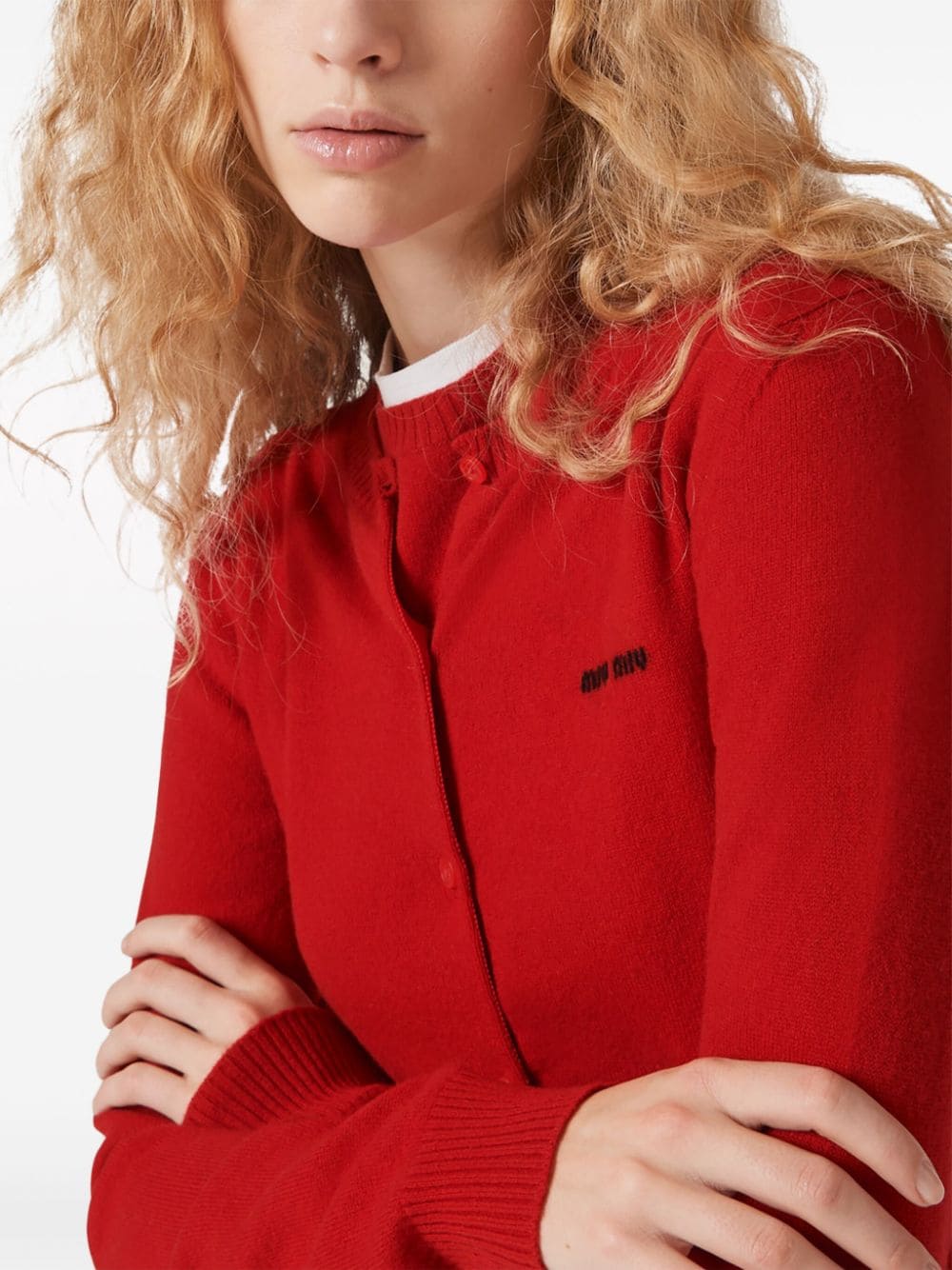 Shop Miu Miu Logo-embroidered Cashmere Cardigan In Red