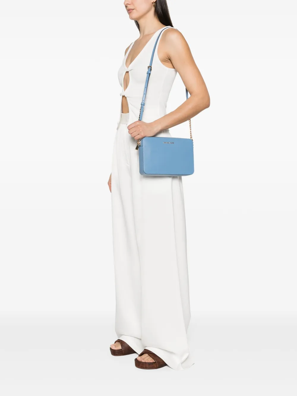 Shop Michael Michael Kors Jet Set Leather Crossbody Bag In Blue