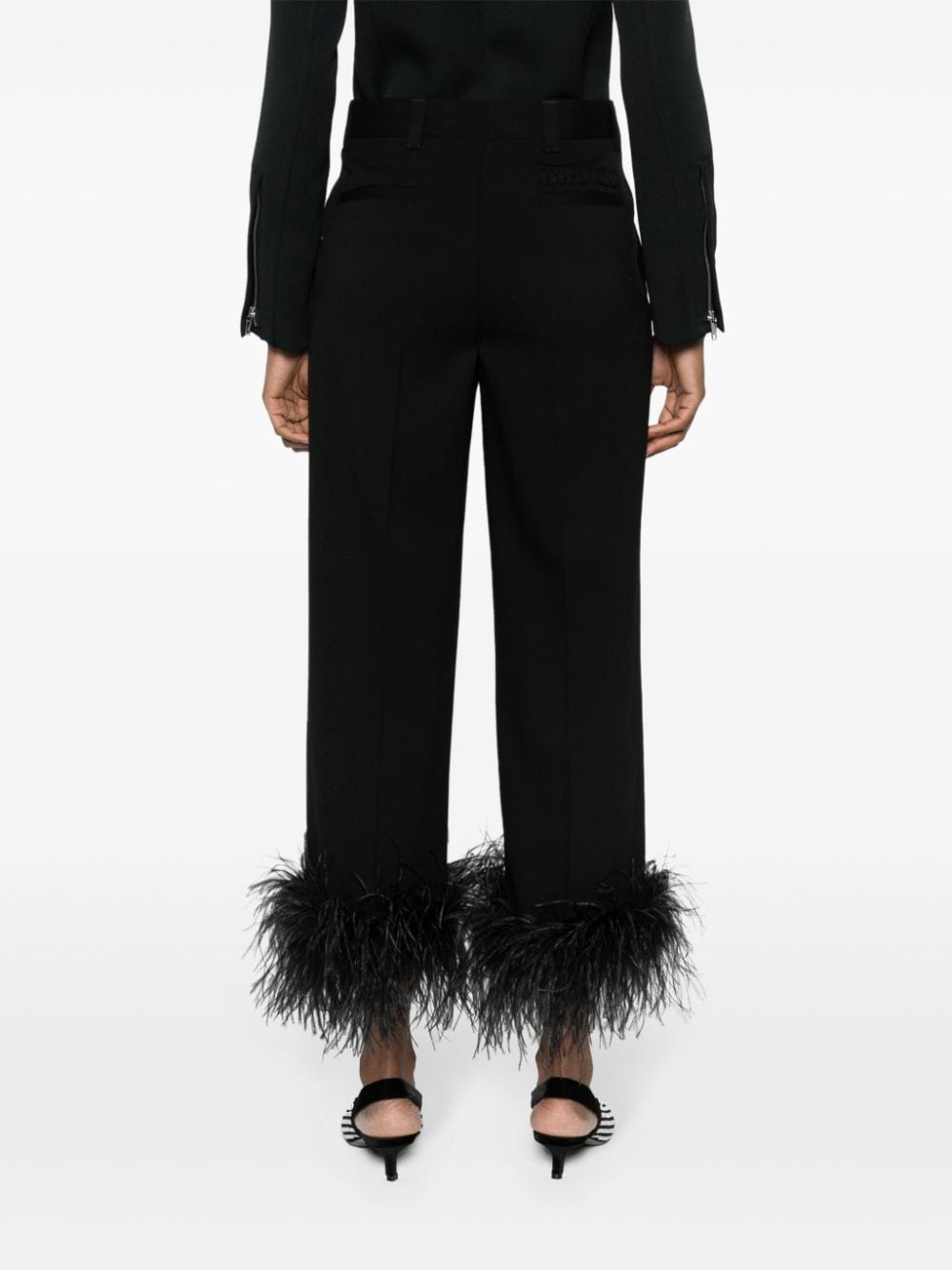 Shop Miu Miu Feather-trimmed Trousers In Black