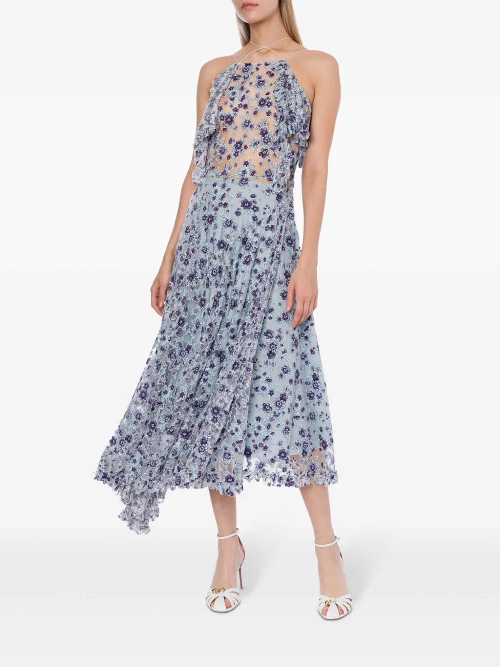 Shop Philosophy Di Lorenzo Serafini Floral-print Sheer Midi Dress In Blue