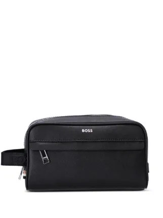 BOSS logo print Leather Wash Bag Black FARFETCH