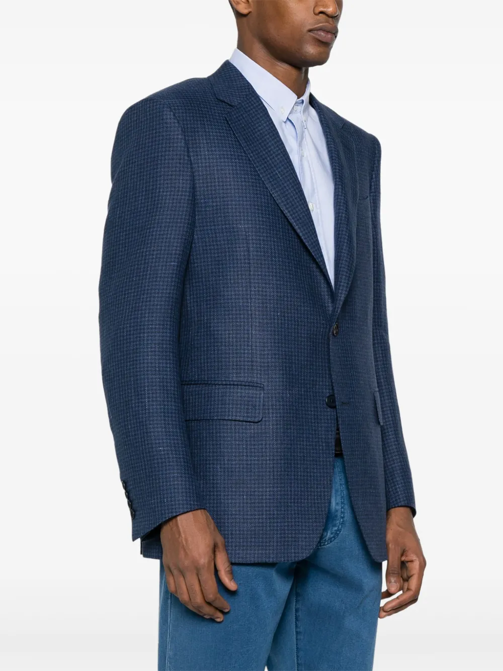 Canali Houndstooth Linen-blend Blazer In Blue