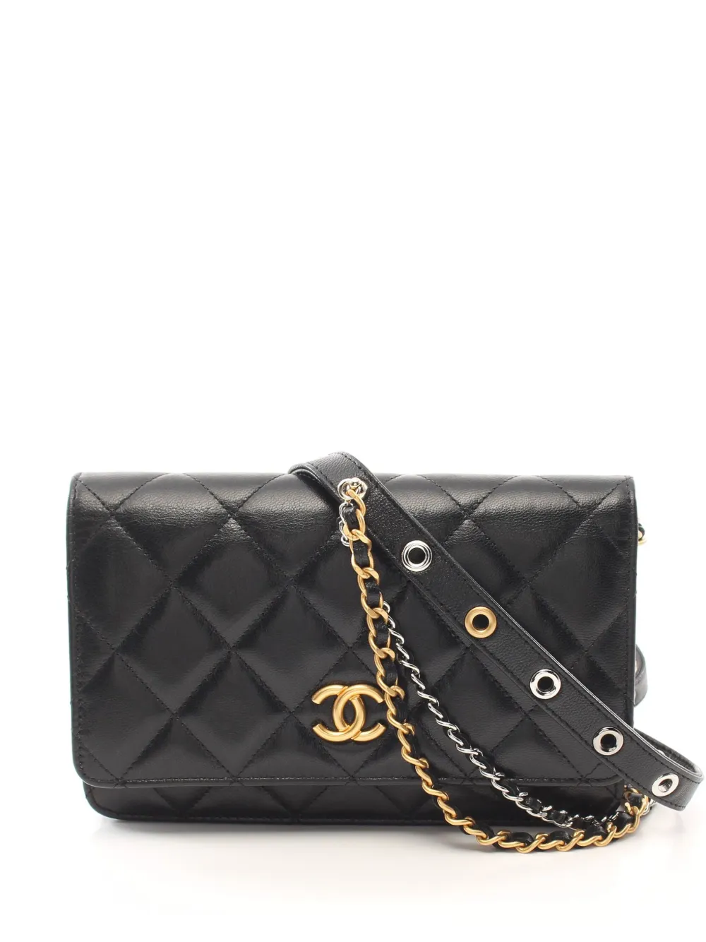 Pre-owned Chanel 菱形绗缝搭链钱包（2022年典藏款） In Black