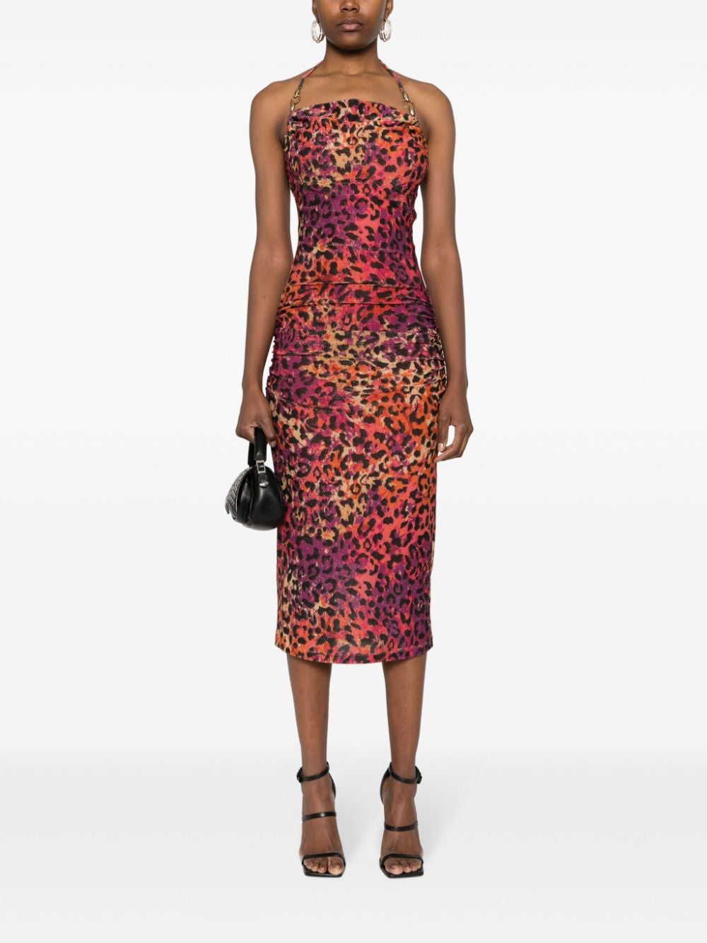 Shop Just Cavalli Leopard-print Ruched Midi Dress In Orange