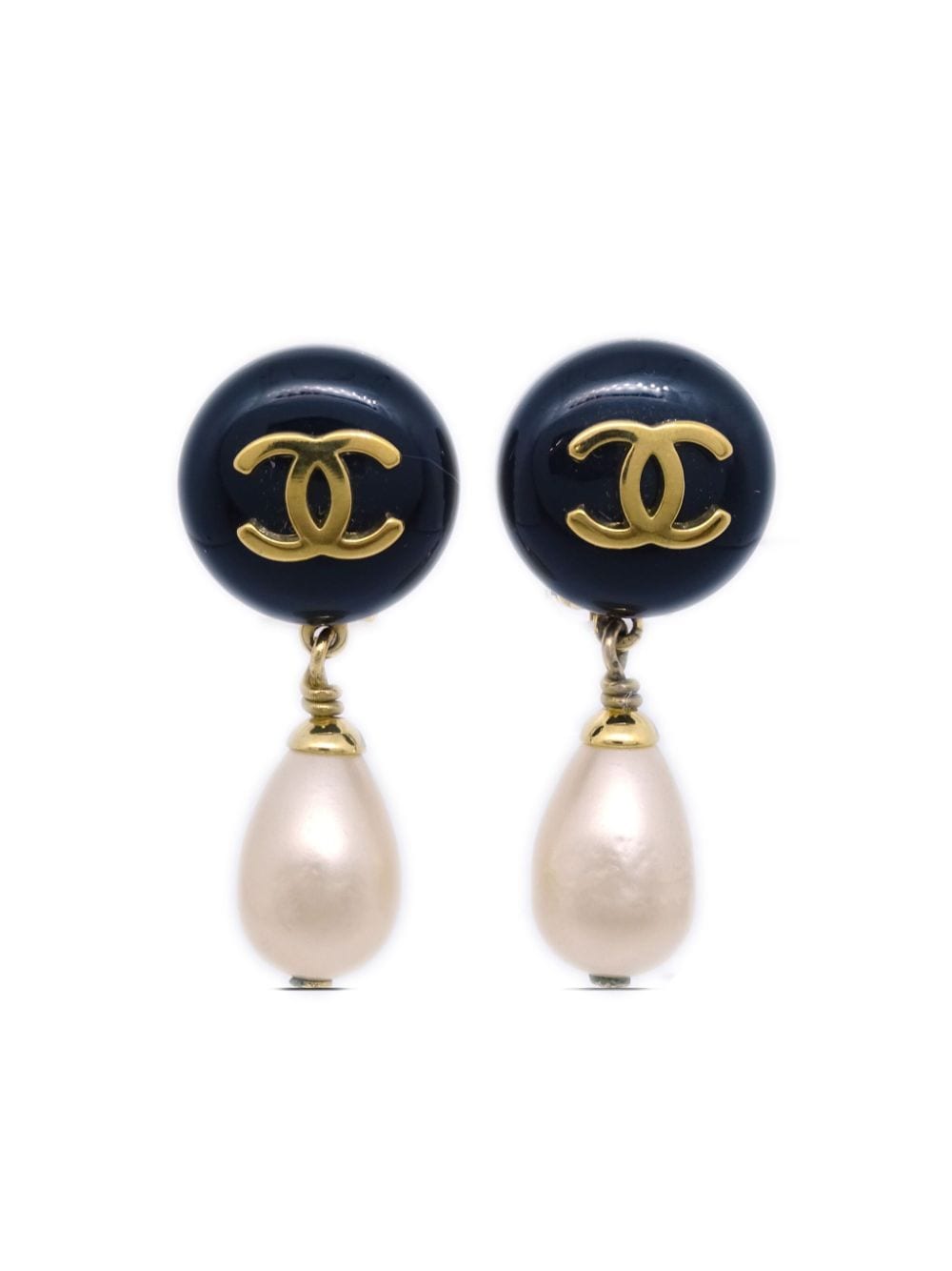 Pre-owned Chanel 1995 Cc-logo Pearl Clip-on Earrings In Black