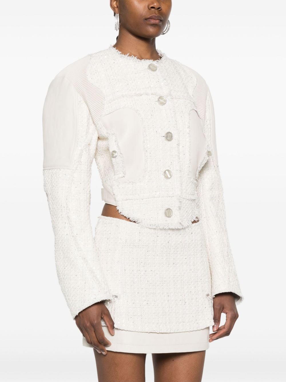 Shop Gcds Leather-panel Tweed Jacket In White