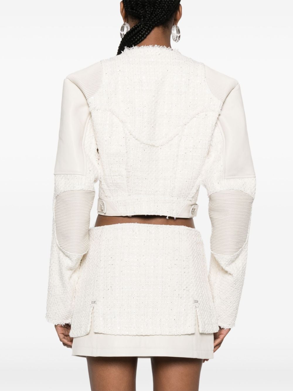 Shop Gcds Leather-panel Tweed Jacket In White