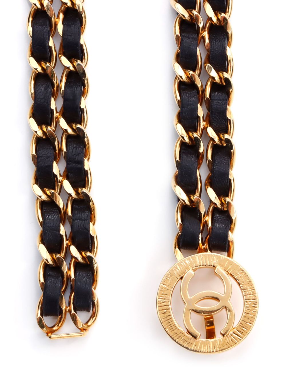 Pre-owned Chanel 1990-1999 Cc-buckle Leather Chain-link Belt In Gold