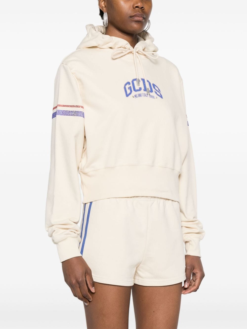 Shop Gcds Crystal-embellished Cropped Hoodie In Neutrals