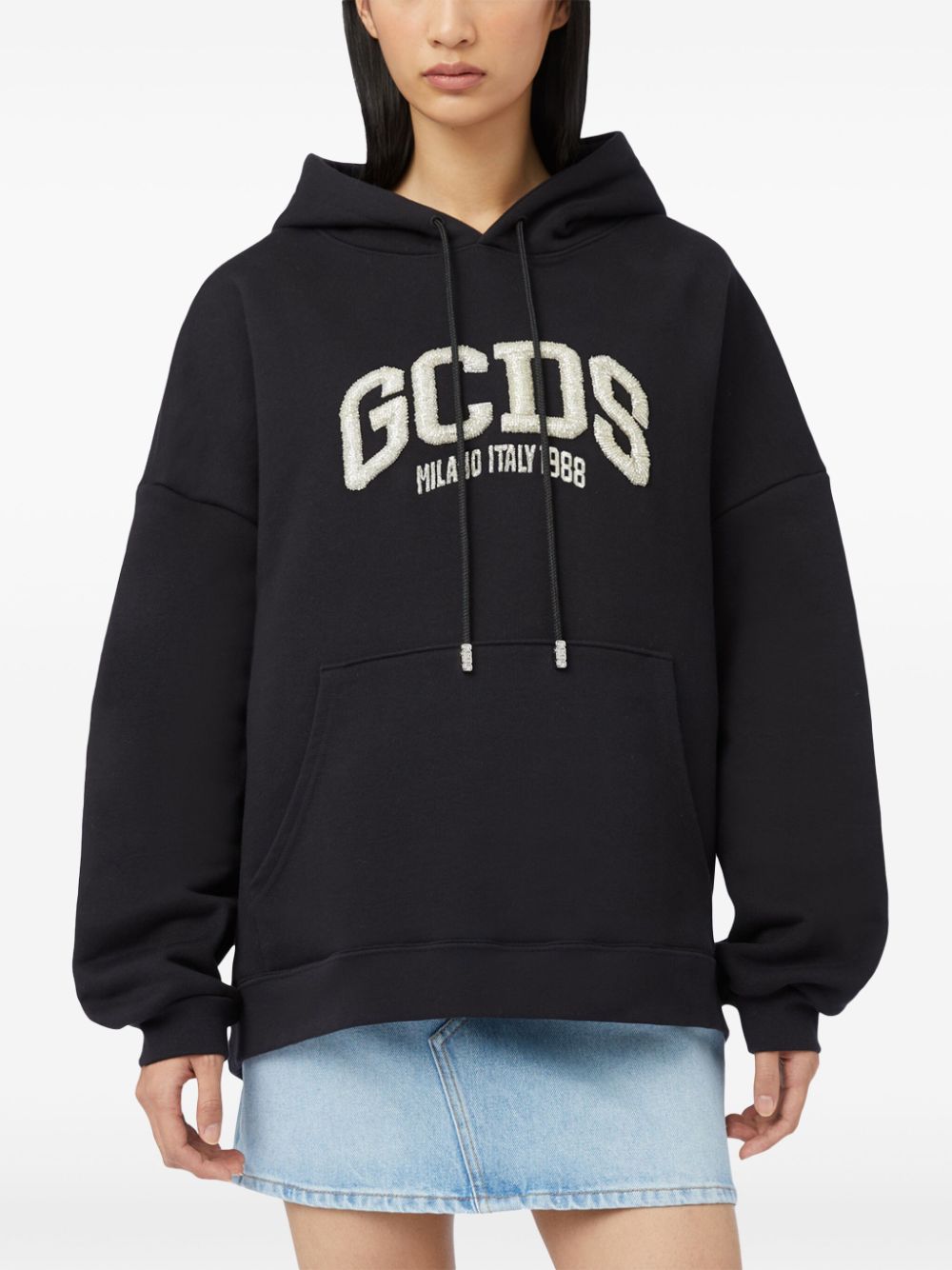 Shop Gcds Logo-embellished Cotton Hoodie In Black