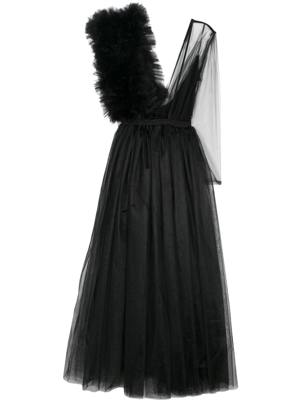 Alchemy X Lia Aram Asymmetric Tulle Maxi Dress In Black