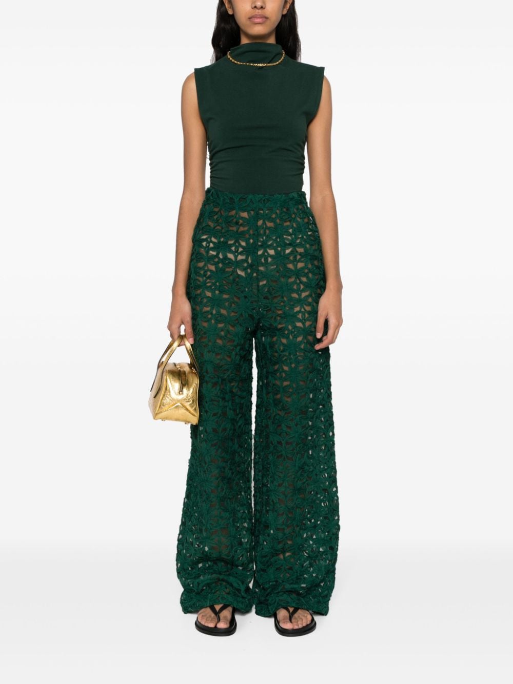 Shop Andrea Iyamah Ndu Floral-lace Mesh Trousers In 绿色