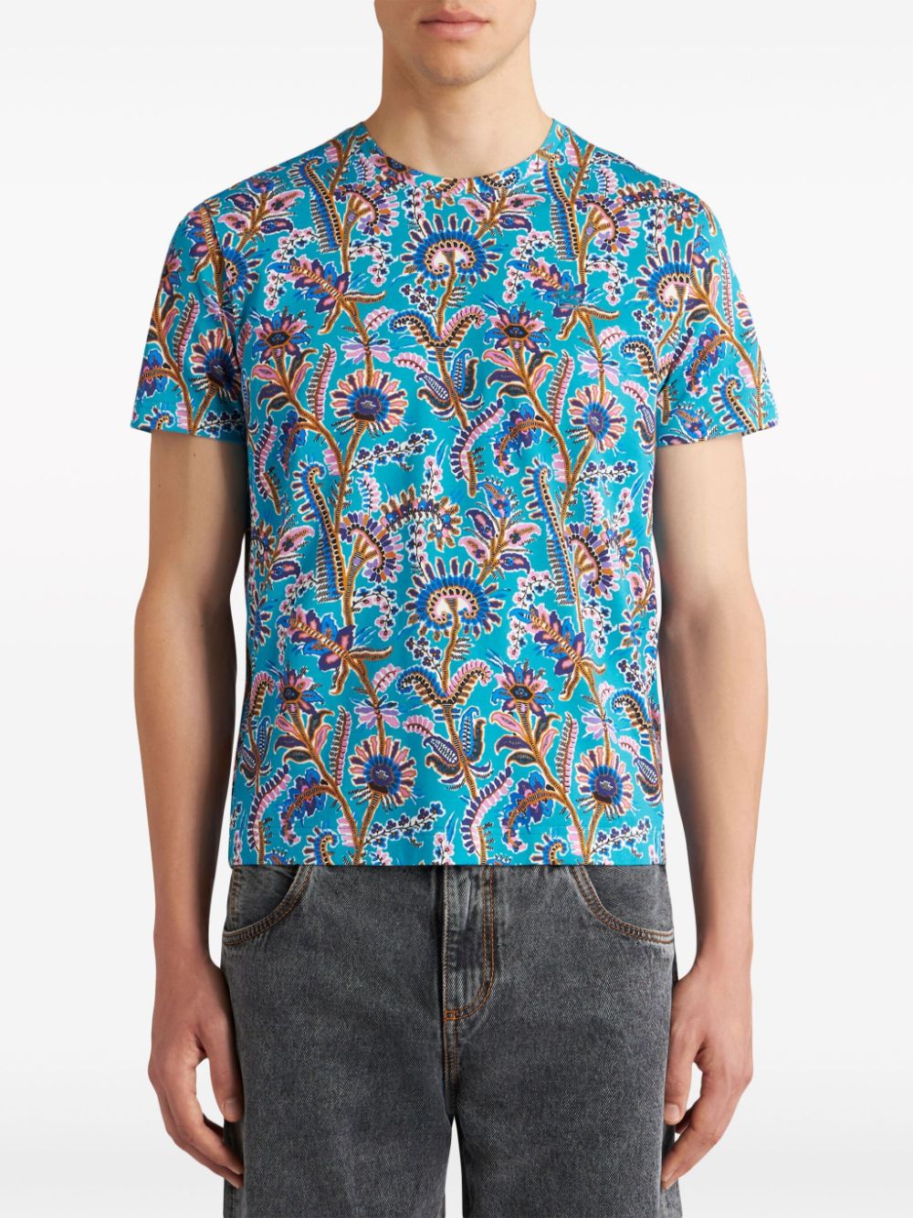 Shop Etro Floral-print Cotton T-shirt In Blue