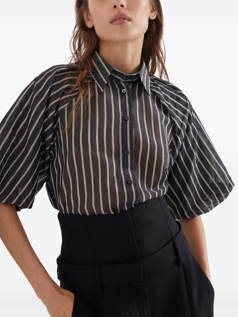 Shop Brunello Cucinelli Striped Puff-sleeve Blouse In Black