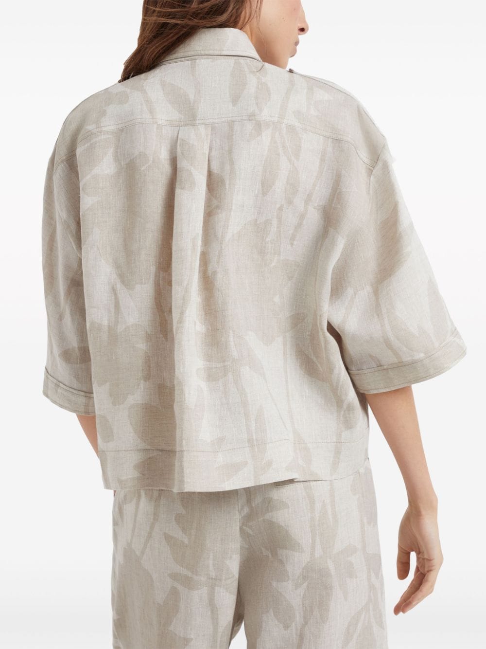 Shop Brunello Cucinelli Leaf-print Linen Shirt In Neutrals