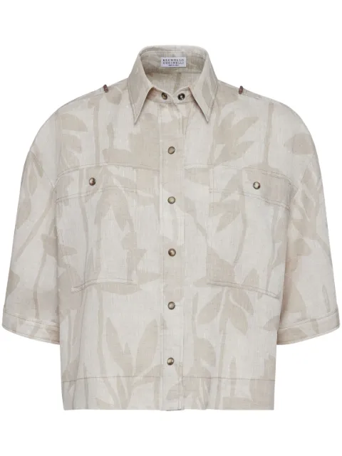 Brunello Cucinelli leaf-print linen shirt