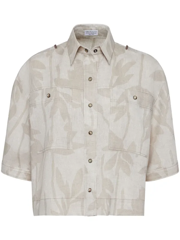 Brunello Cucinelli Chemise En Lin à Imprimé Végétal Tons Neutres