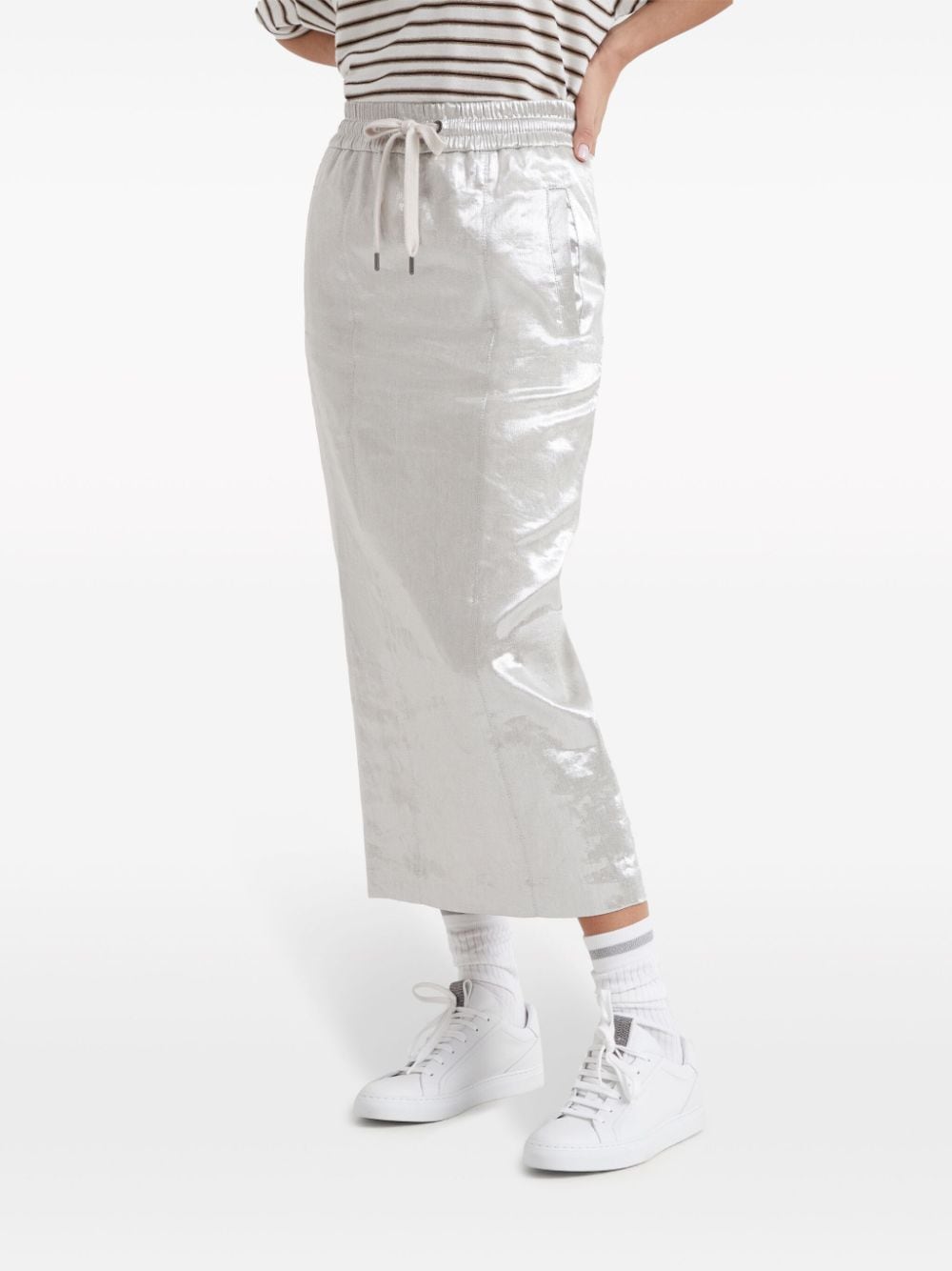 Shop Brunello Cucinelli Metallic-finish Midi Skirt In Grey