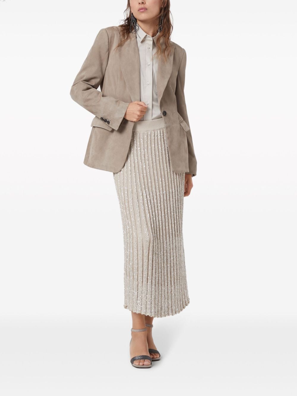 Shop Brunello Cucinelli Metallic-thread Knitted Midi Skirt In Neutrals