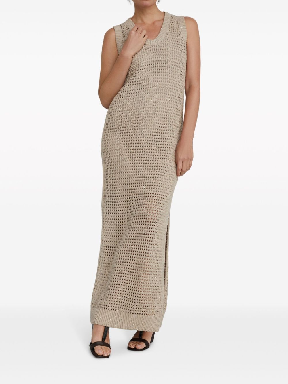 Shop Brunello Cucinelli Open-knit Cotton-blend Maxi Dress In Brown