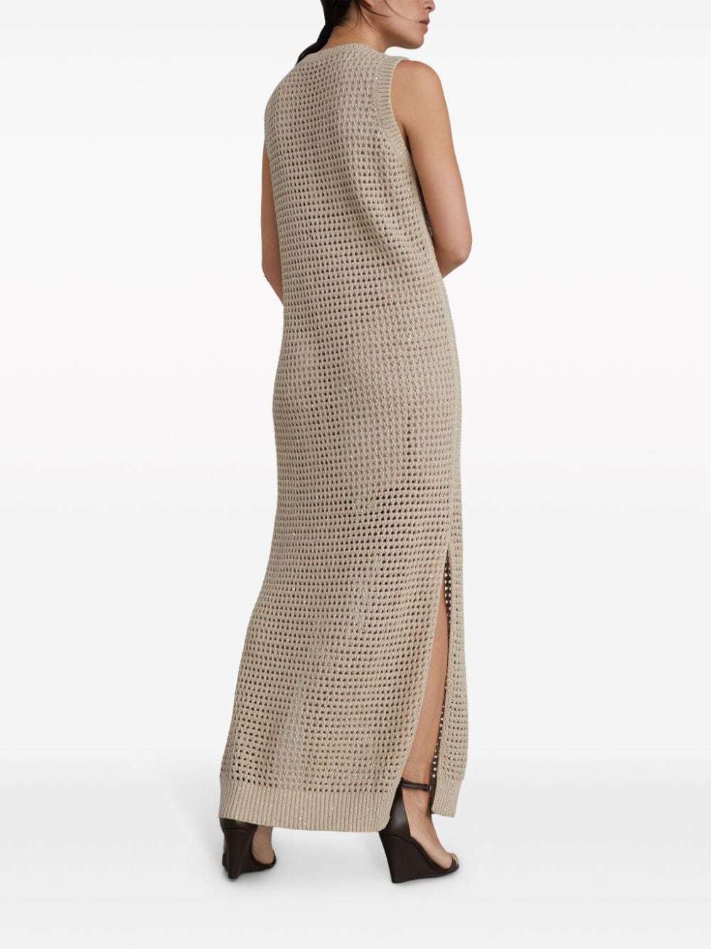 Shop Brunello Cucinelli Open-knit Cotton-blend Maxi Dress In Brown