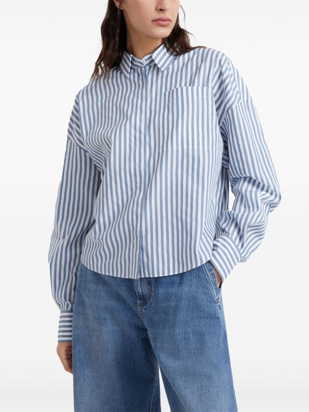 Shop Brunello Cucinelli Striped Cotton-silk Shirt In Blue