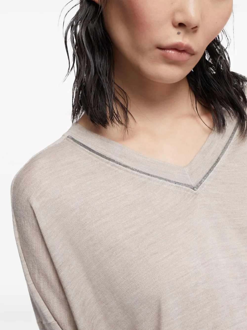 Shop Brunello Cucinelli V-neck Cashmere-silk Sweatshirt In Neutrals