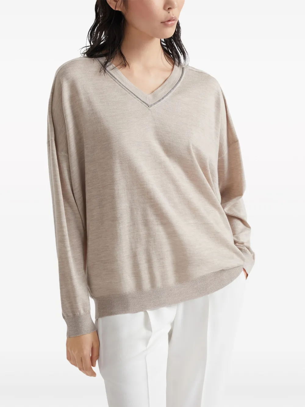 Shop Brunello Cucinelli V-neck Cashmere-silk Sweatshirt In Neutrals