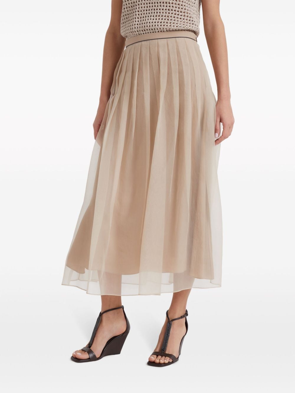 Shop Brunello Cucinelli Monili-chain Pleated Silk Skirt In Neutrals