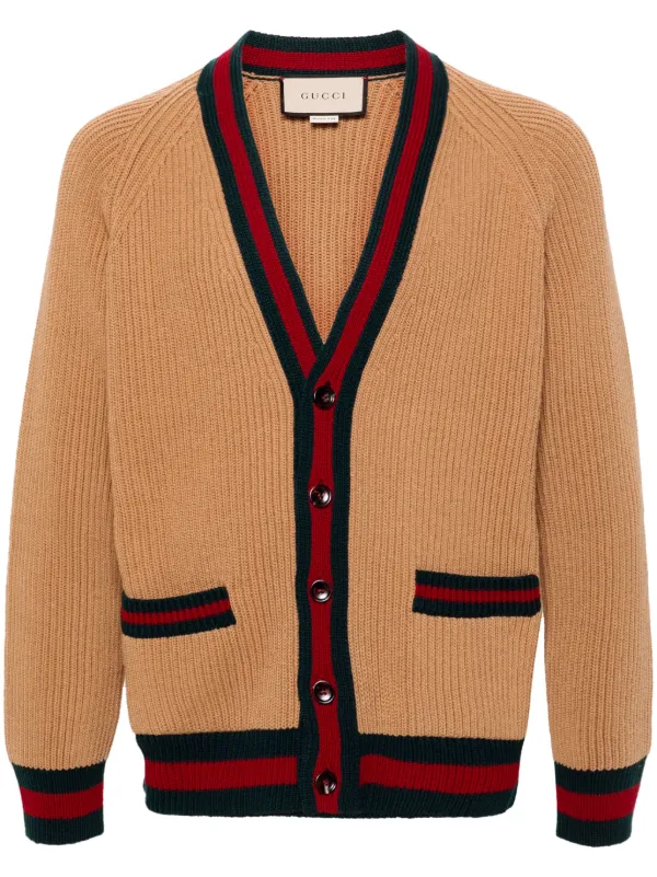 Gucci Web stripe trim Wool Cardigan Neutrals FARFETCH AE