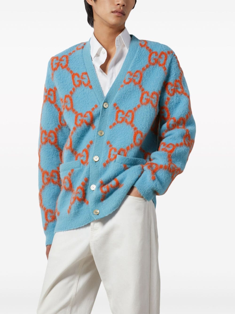 Shop Gucci Gg-intarsia Wool Cardigan In Blue