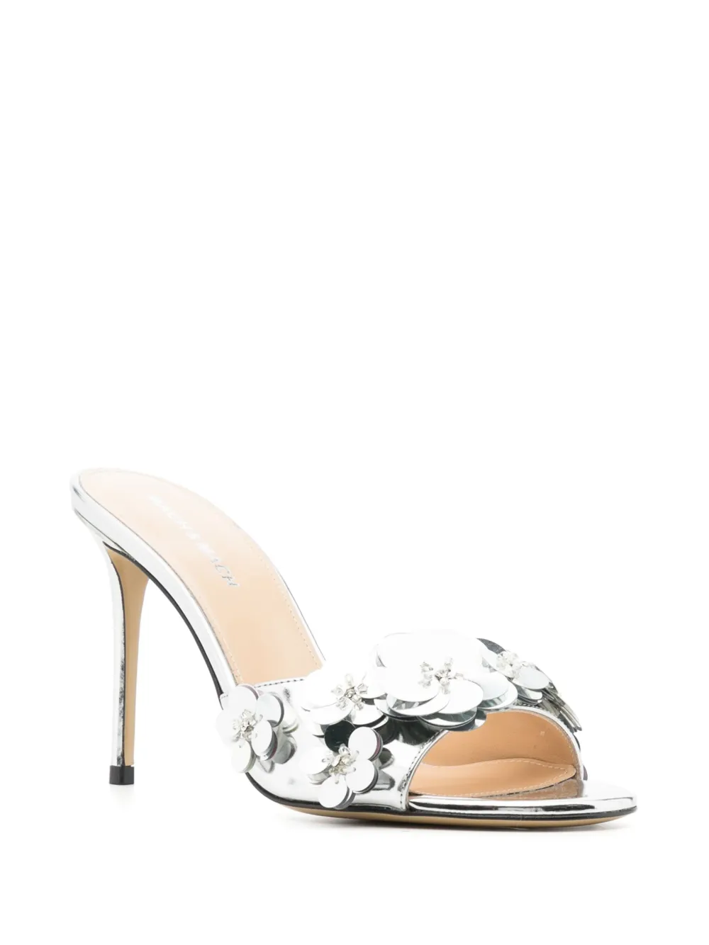 Shop Mach & Mach Floral-appliqué 100mm Metallic Mules In Silver