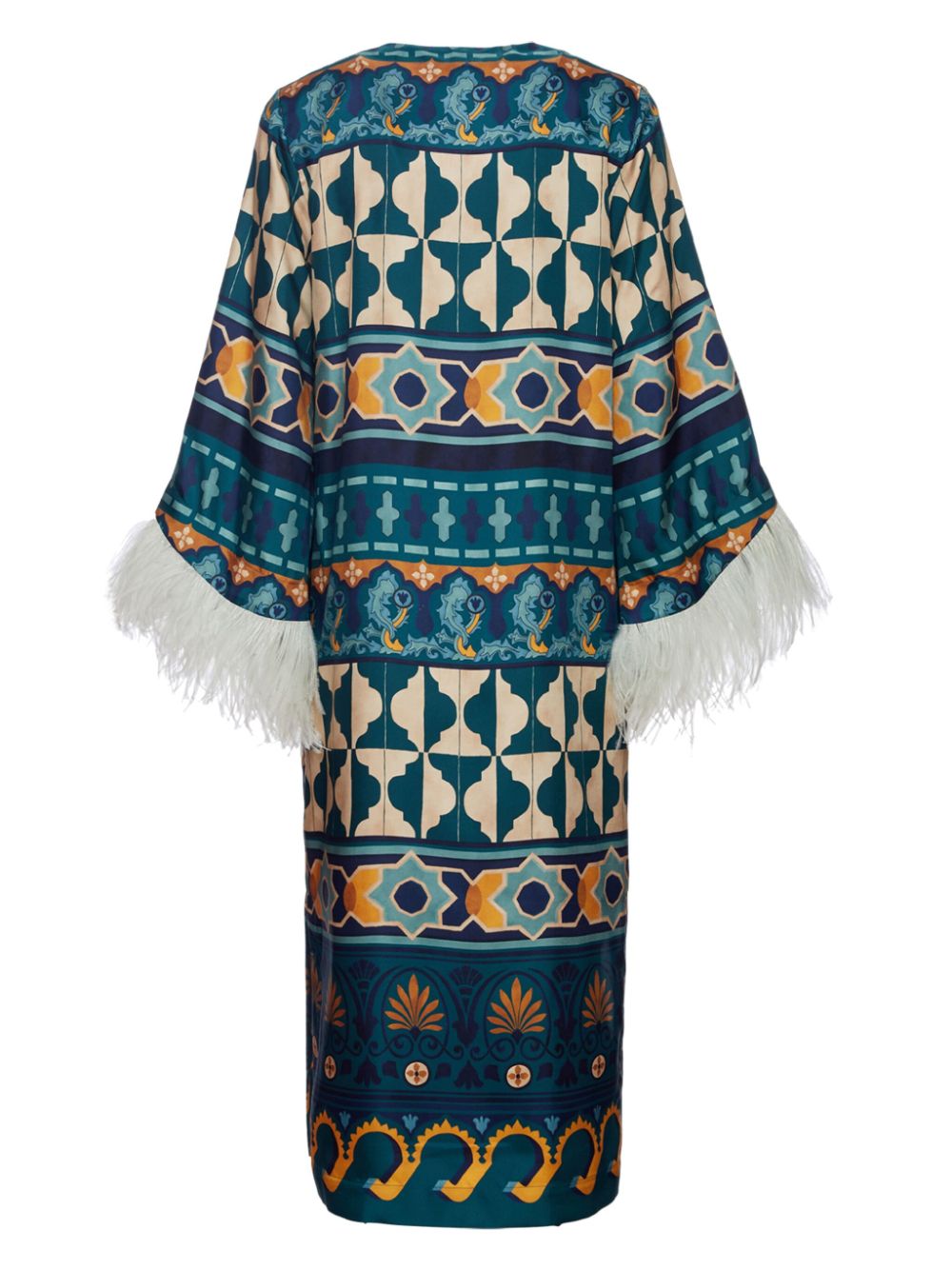 Shop La Doublej The Kaftan Feather-trim Dress In Blue