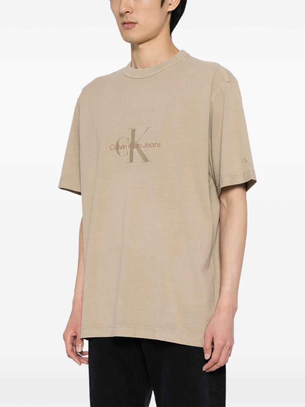 Shop Calvin Klein Logo-embroidered Cotton T-shirt In Neutrals