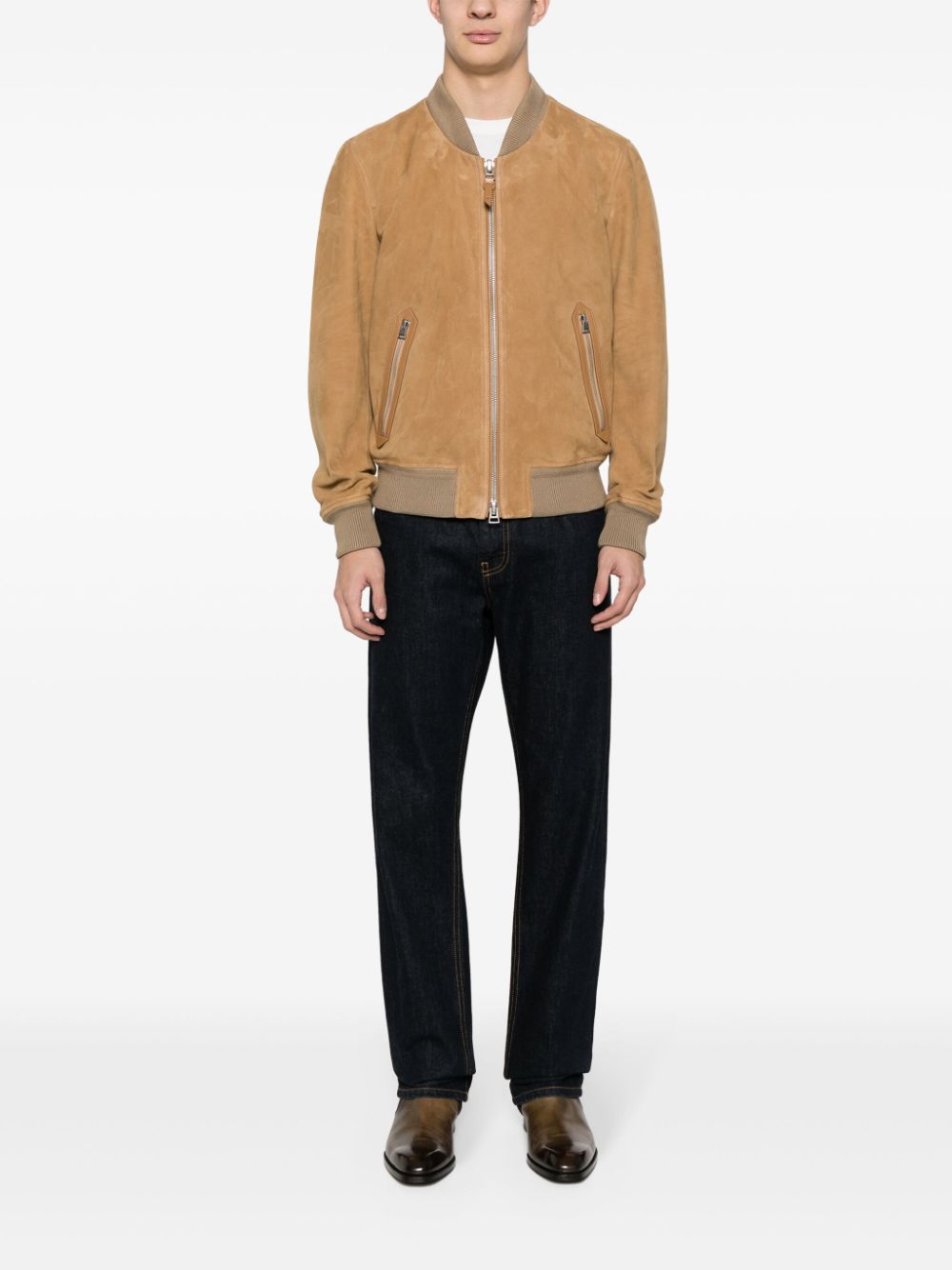 Shop Tom Ford Suede Bomber Jacket In Nude