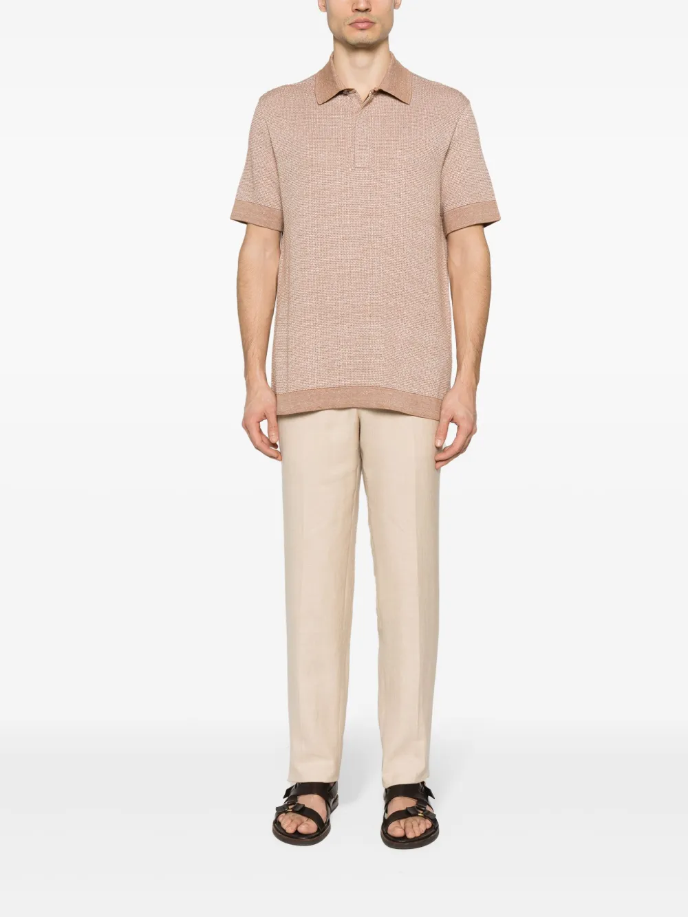 Zegna ribbed-trim knitted polo shirt - Bruin