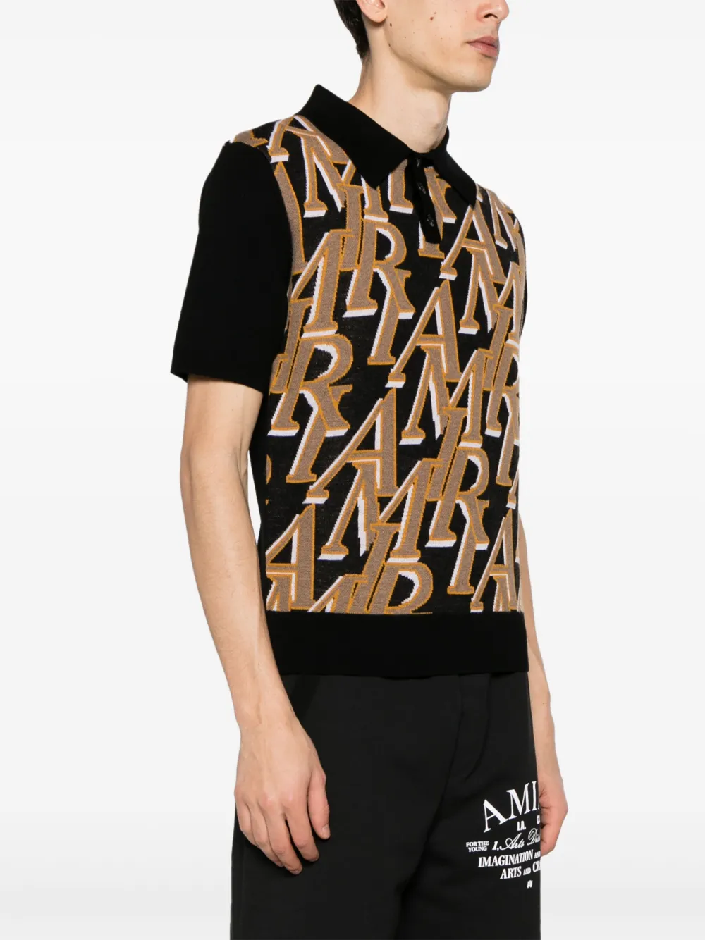 Shop Amiri Repeat Intarsia-knit Polo Shirt In Black