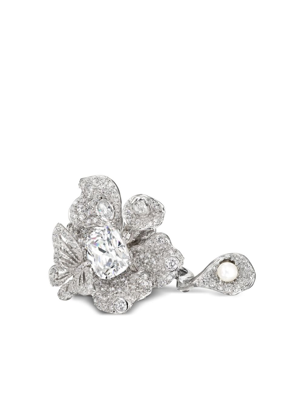 Anabela Chan Anello Diamond Peony Butterfly in oro bianco 18kt con diamanti e perle