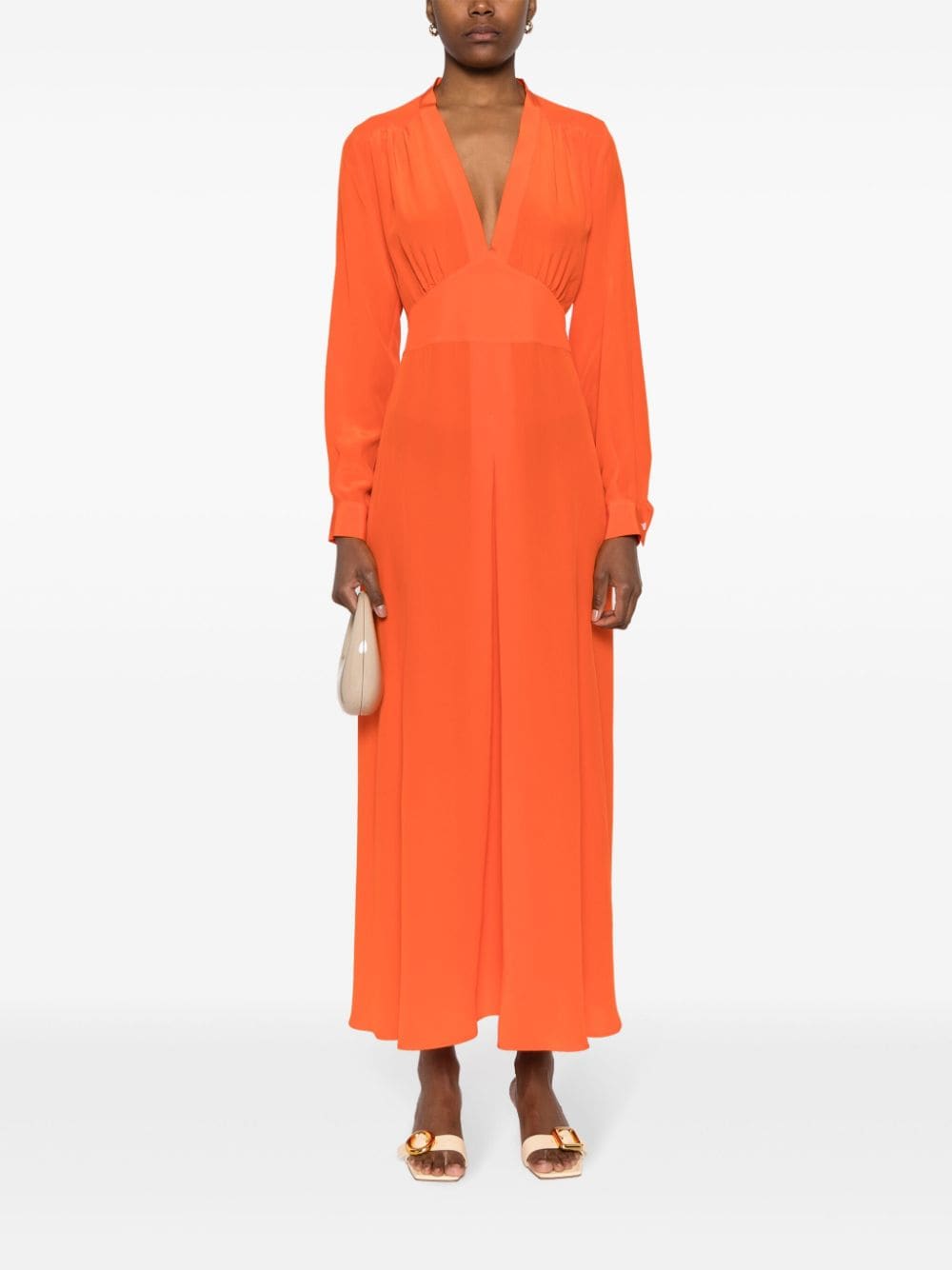 Shop Kiton V-neck Silk Midi Dress In Orange