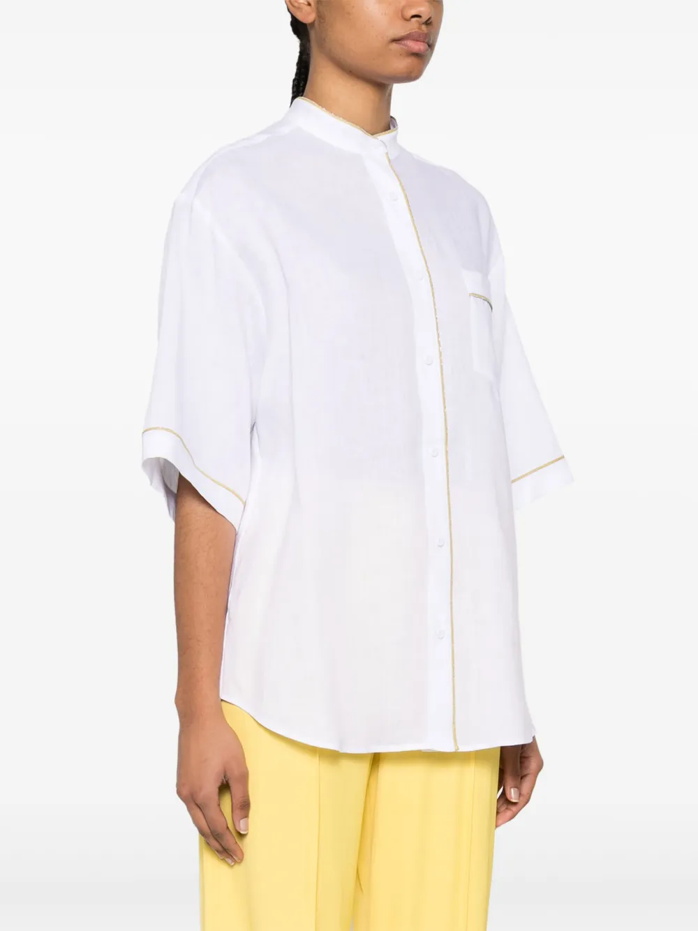 Shop Fabiana Filippi Beaded-trim Chambray Shirt In White