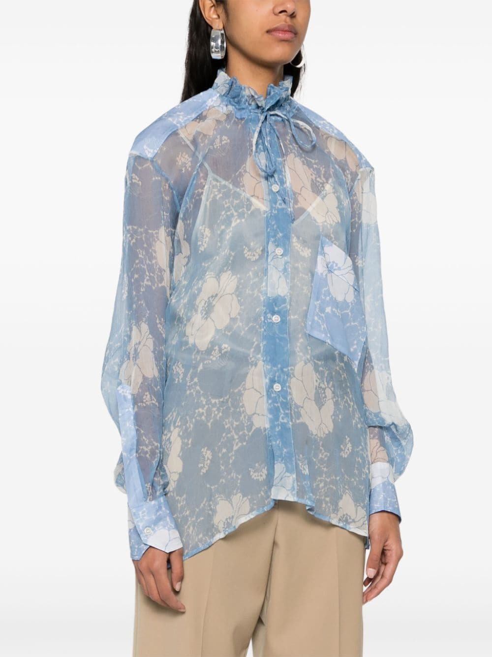 Shop Plan C Floral Silk Shirt In Blue