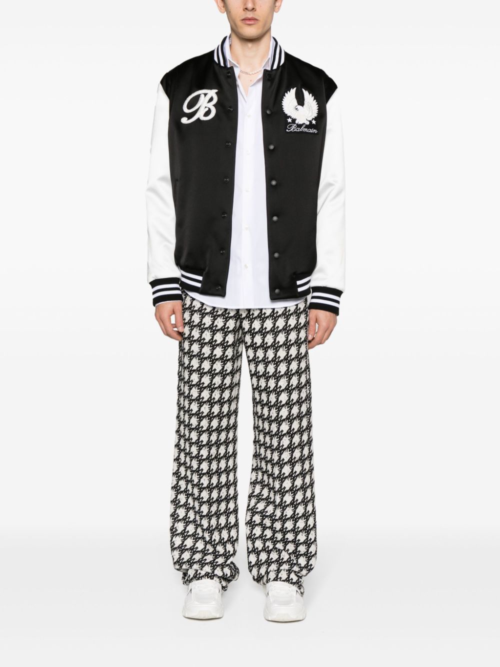 Shop Balmain Logo-patches Satin Bomber Jacket In Schwarz