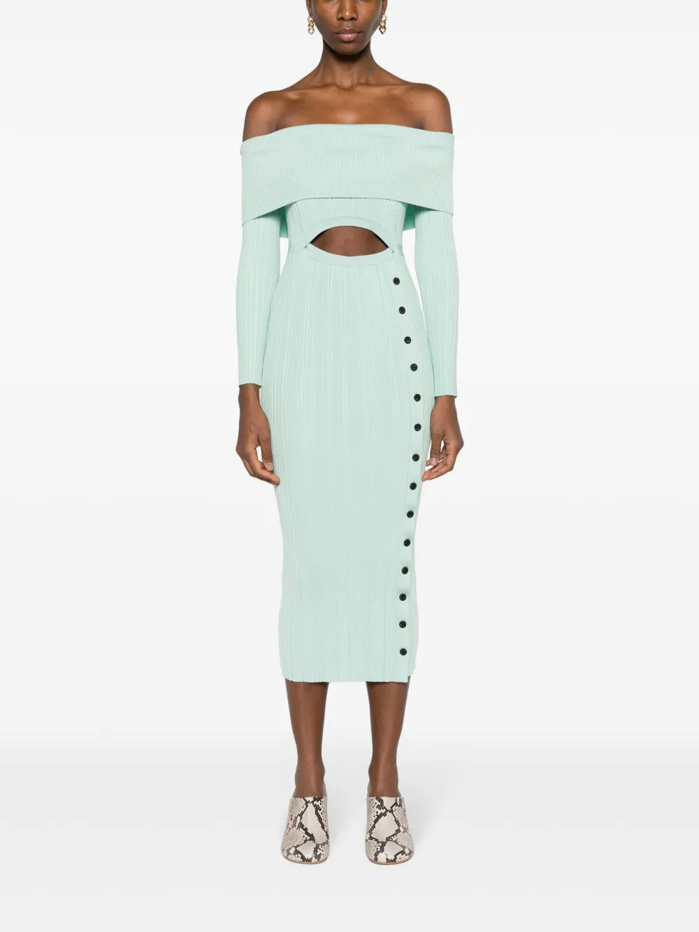 Self-Portrait off-shoulder ribbed maxi dress - Groen