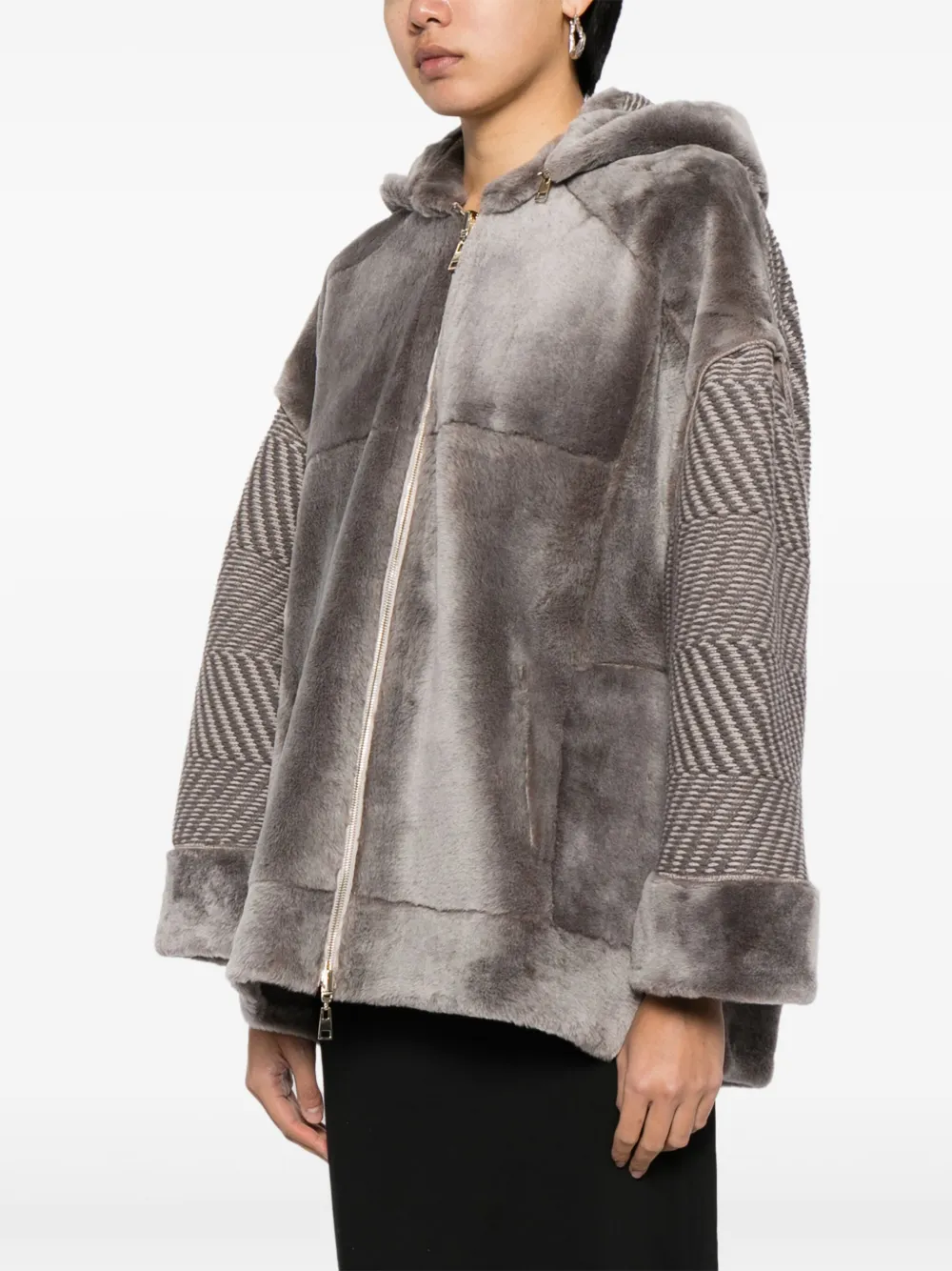 Lorena Antoniazzi Sheepskin Hooded Jacket In Grey