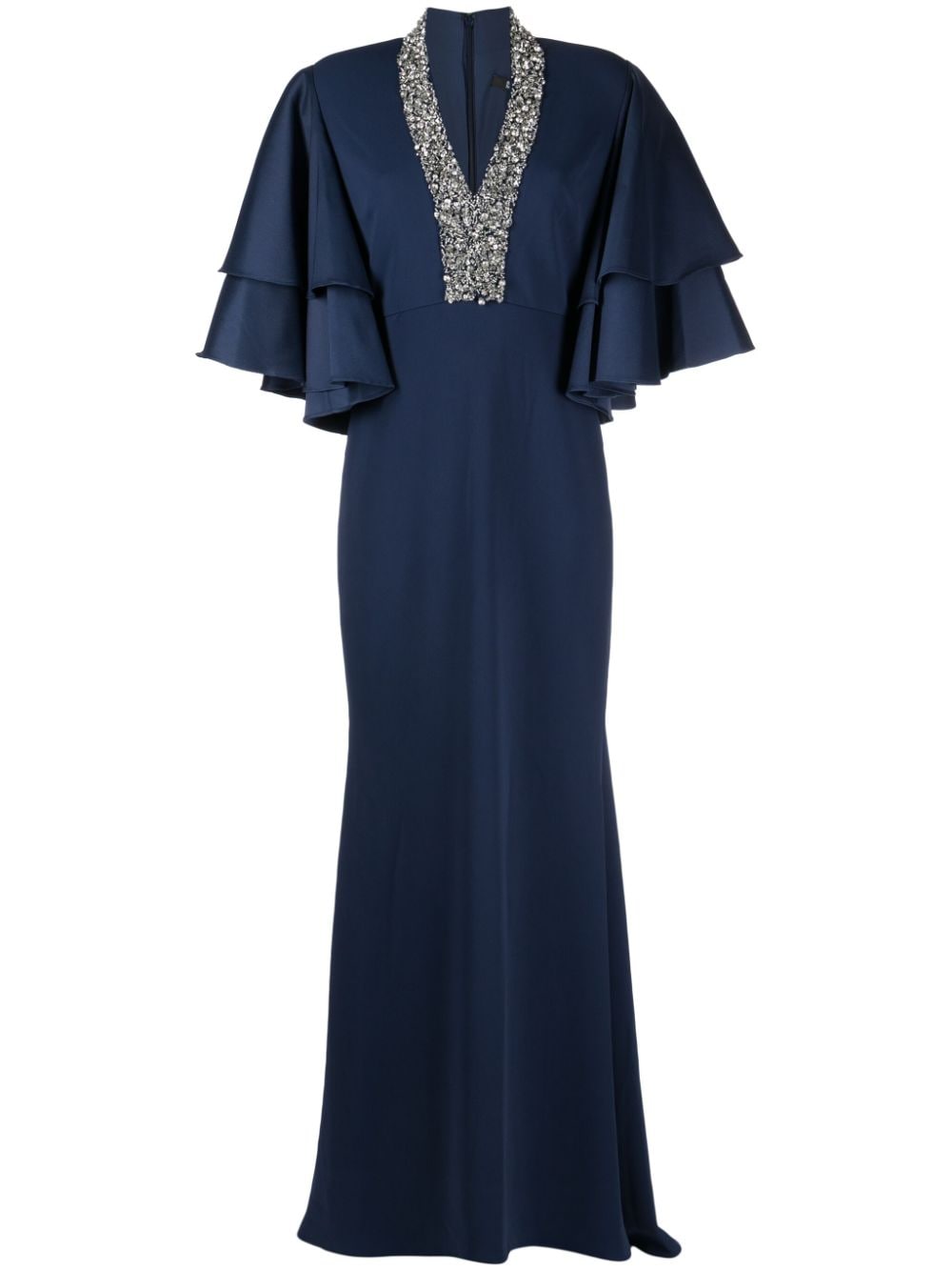 Badgley Mischka Beaded Crepe Gown In Blue