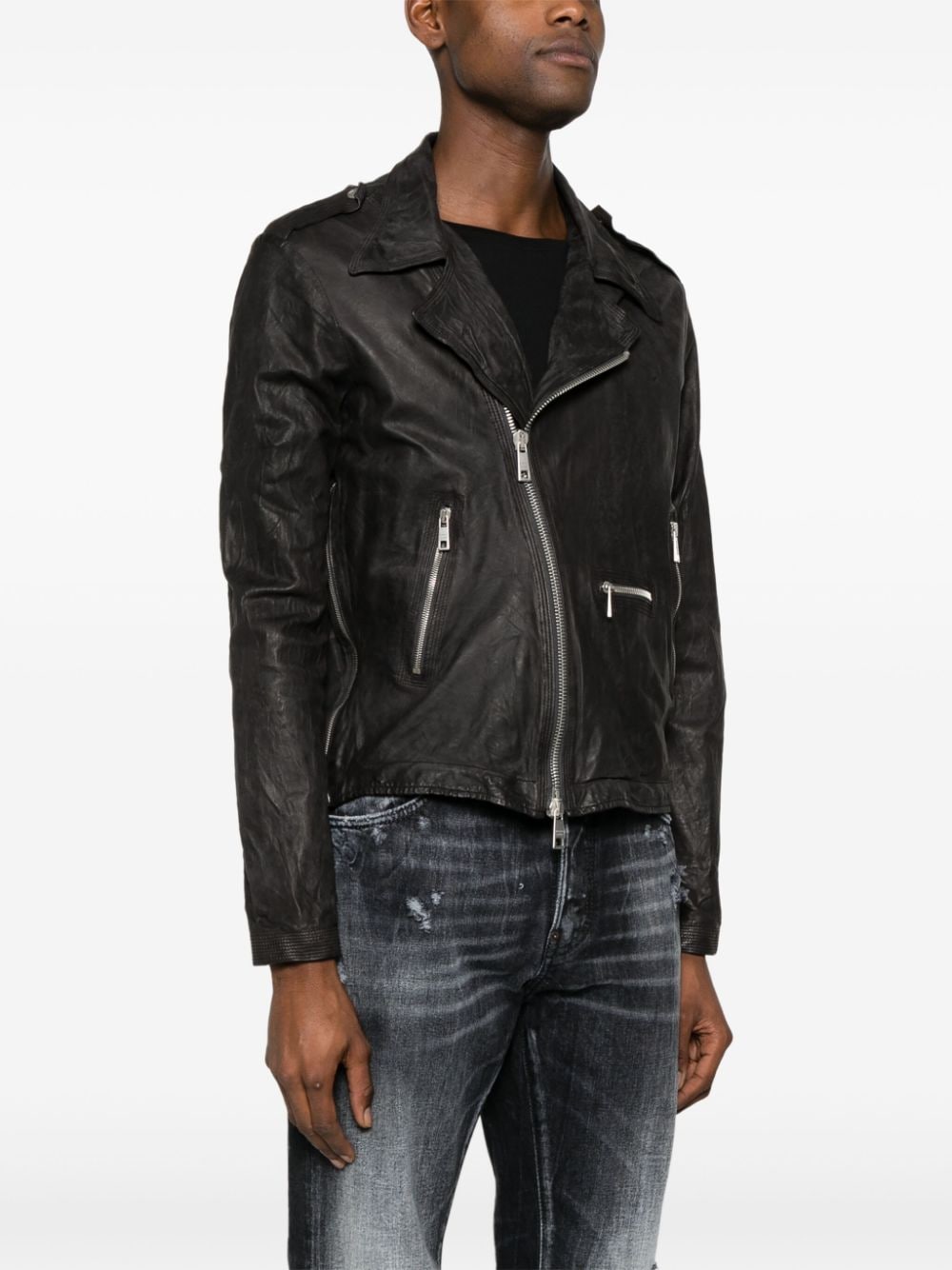 Shop Giorgio Brato Crinkled Leather Biker Jacket In Black