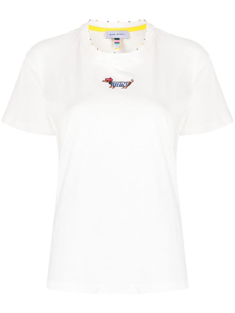 Mira Mikati Perlenverziertes T-Shirt mit Hundestickerei - Weiß