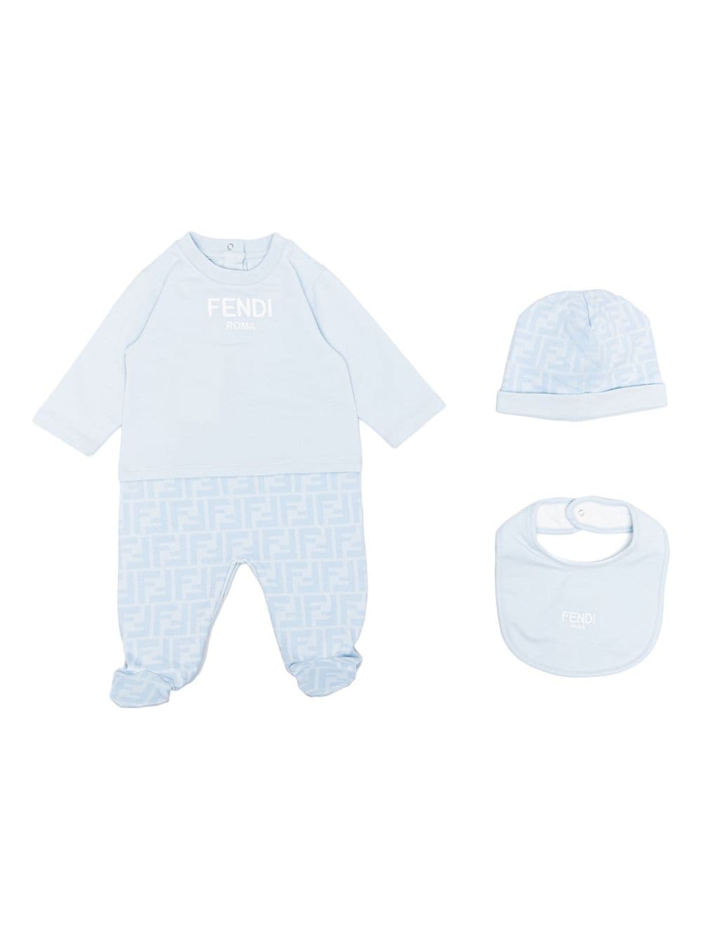 Fendi Ff-print Babygrow Set (set Of Three) In Blue
