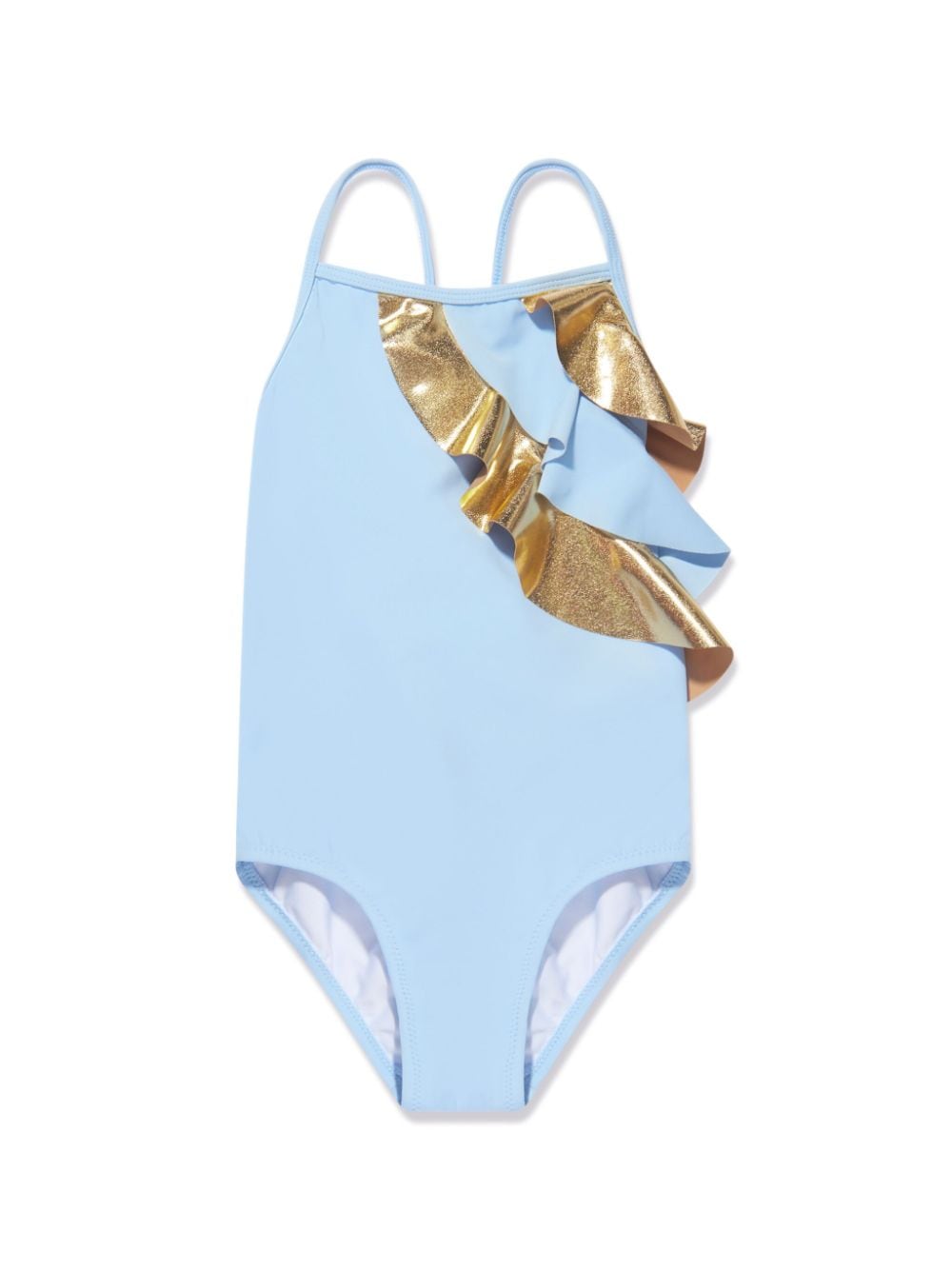Nessi Byrd Gina Ruffle Metallic-trim Swimsuit In 蓝色