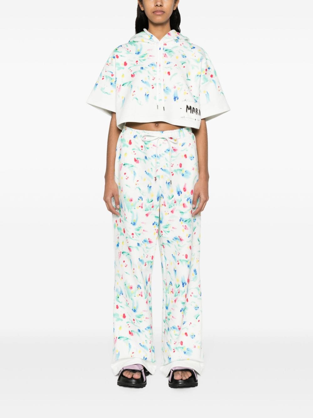 Shop Marni Floral-print Cotton Track Pants In White